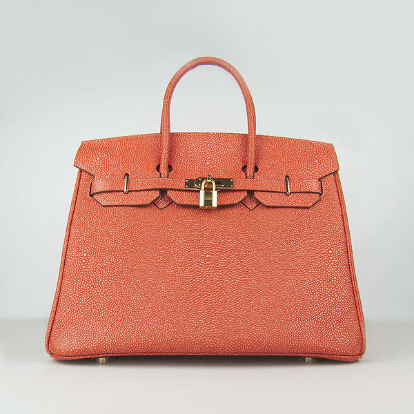 High Quality Fake Hermes Birkin 35CM Pearl Veins Leather Bag Orange 6089
